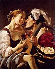 Terbrugghen Paintings - A Luteplayer Carousing With A Young Woman Holding A Roemer by Hendrick Terbrugghen